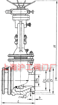 PZ941H 型 PN16~PN63 電動鋼制排渣閘閥主要外形及結(jié)構(gòu)尺寸示意圖